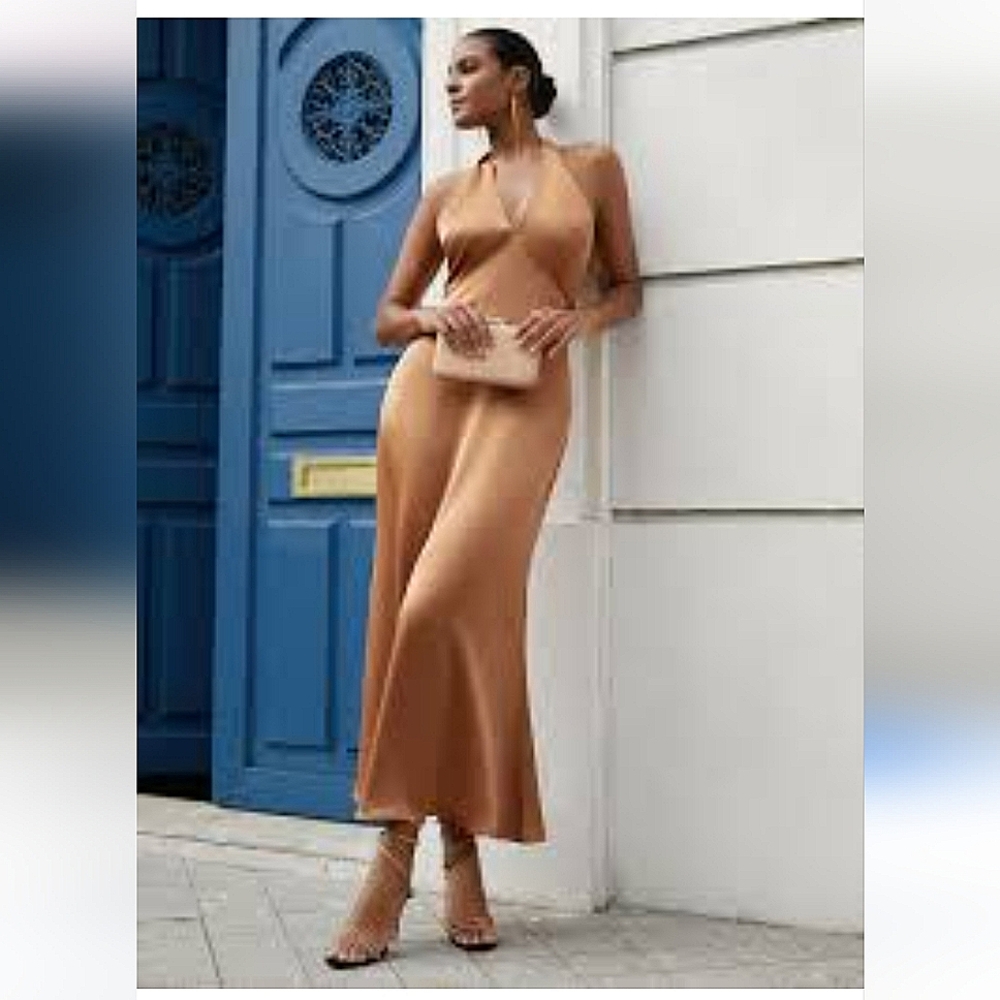 Fehaute Women's Satin Copper V-neck Halter Top Special Occasion Prom Dress szL